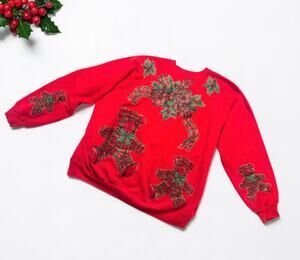 Vintage Christmas Sweatshirt Sweater Hanes Sport Teddy Bear Womens XL Red USA